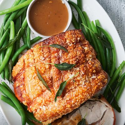 Crispy Roast Pork with Garlic Mash and Beans