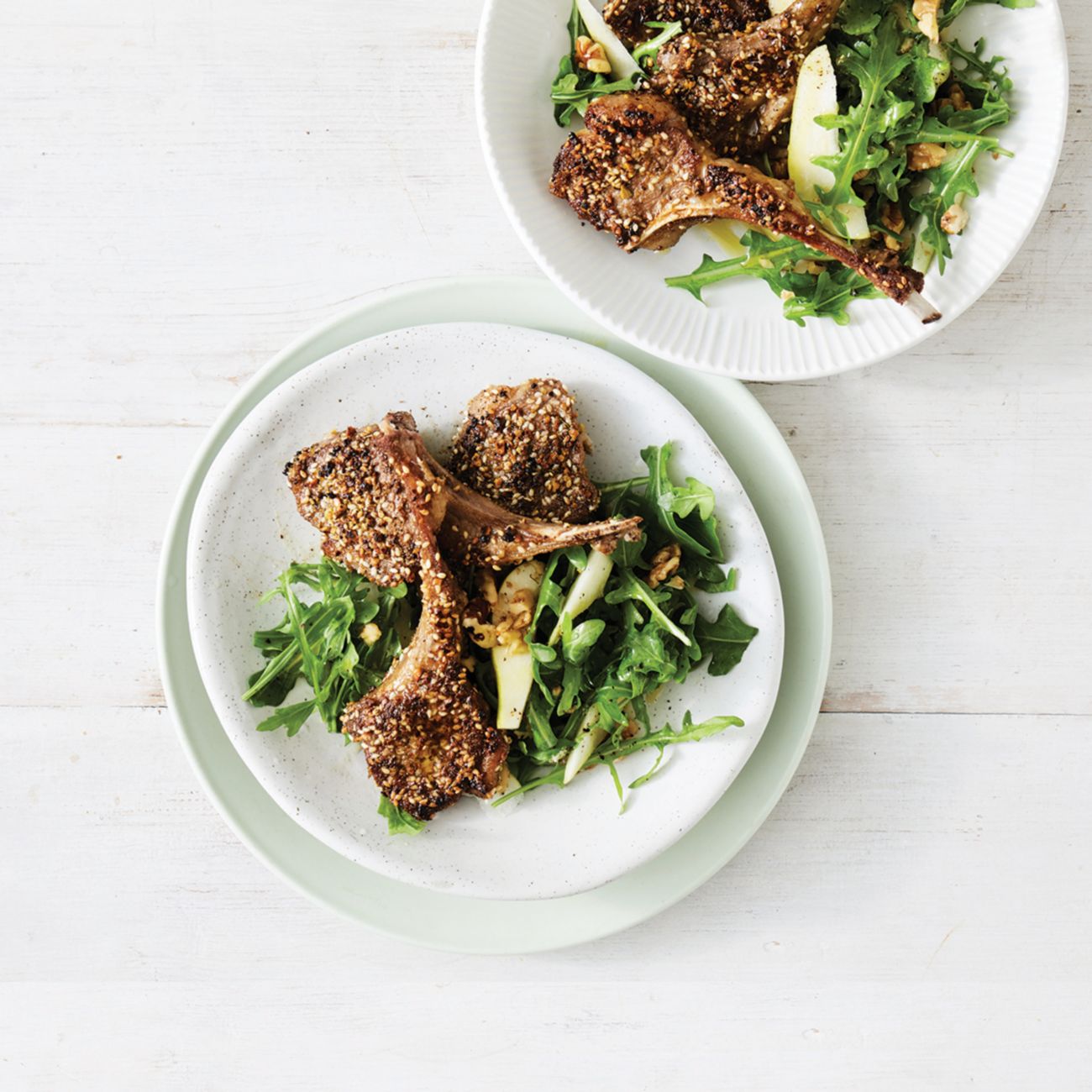 DukkahCrusted Lamb Cutlets with Rocket And Pear Salad Recipe Woolworths