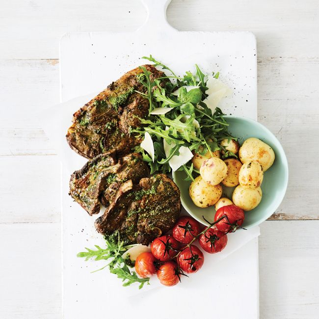 Grilled Pesto Lamb Chops With Tomatoes & Potatoes
