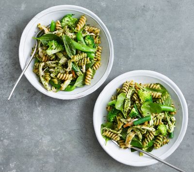 Healthier Chicken and Pesto Pasta Salad