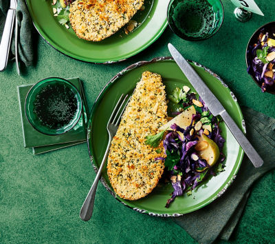 Eggplant Schnitzels With Cabbage and Pear Salad