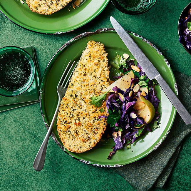 Eggplant Schnitzels with Cabbage & Pear Salad