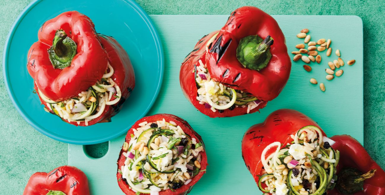 Healthier grilled capsicums stuffed with brown rice salad