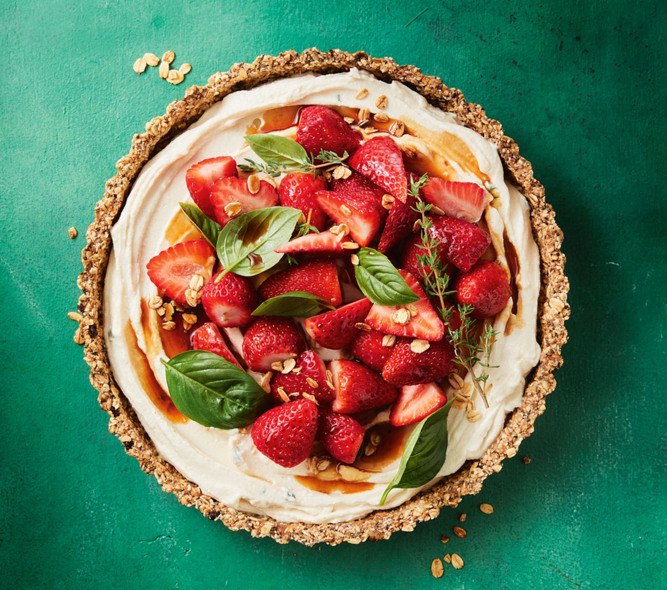 Healthier no-bake strawberry & basil cheesecake tart