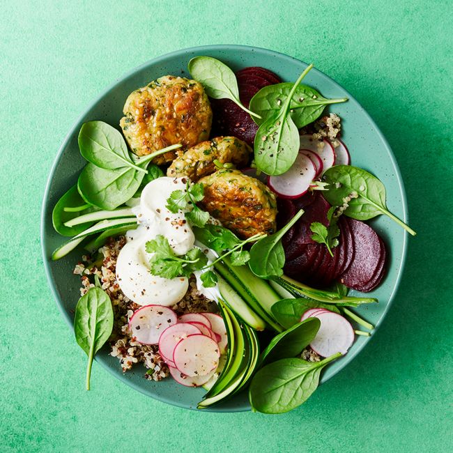 Healthier Zucchini Fritters & Quinoa Bowls