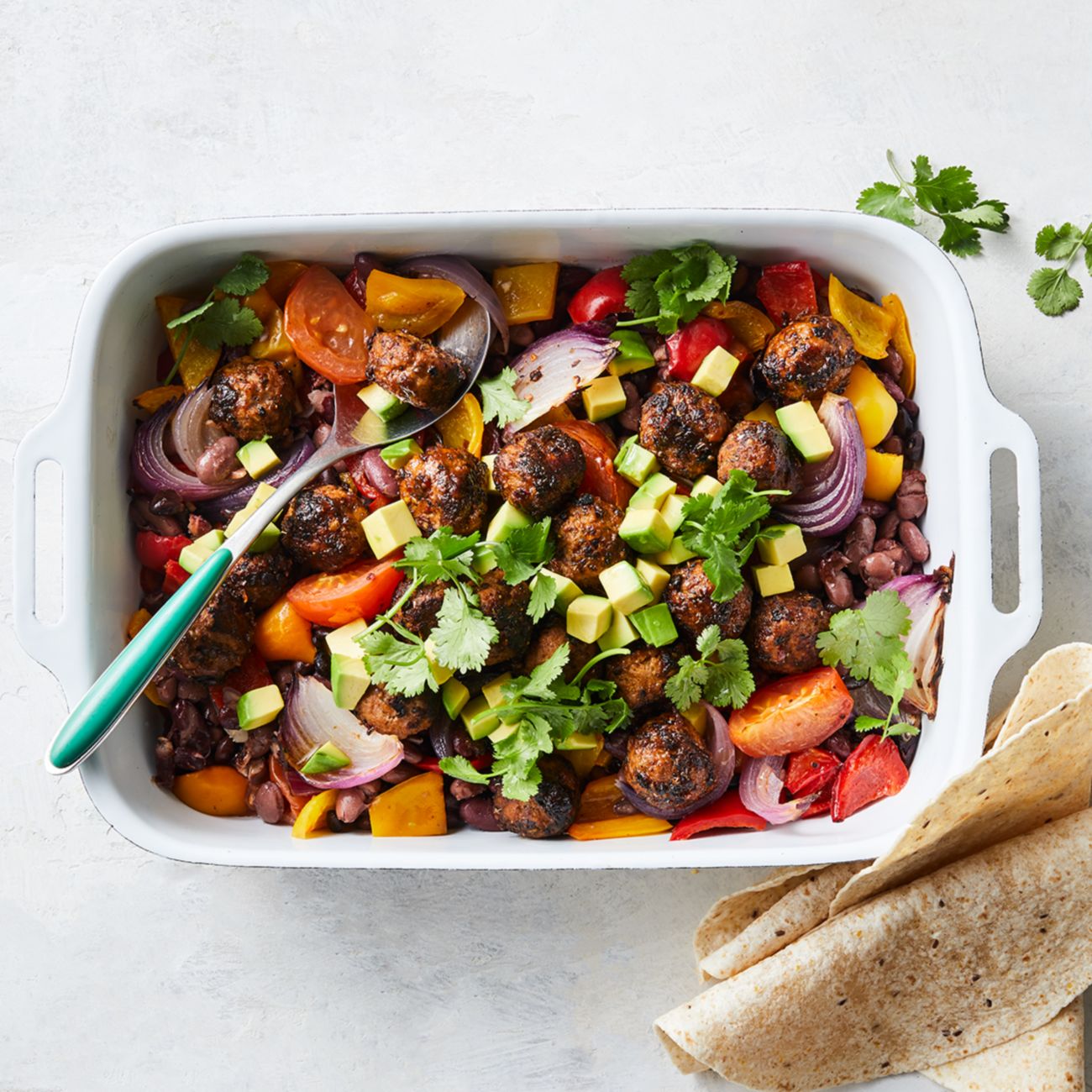 Mexican meatball traybake