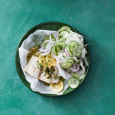Barramundi, Olives & Lemon Parcels With Fennel Salad