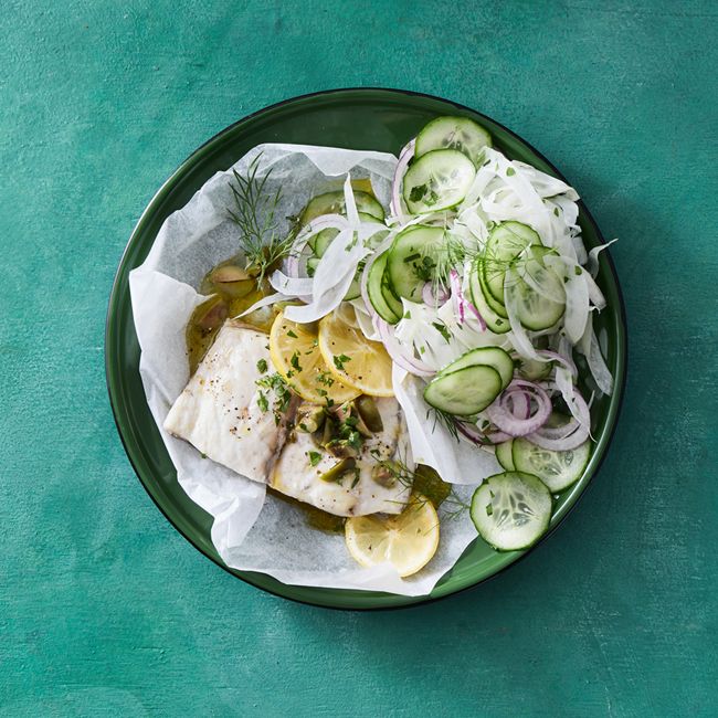 Barramundi, Olives & Lemon Parcels With Fennel Salad