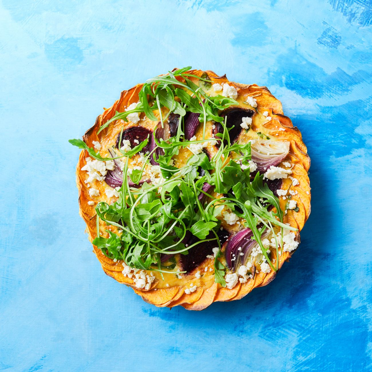 beetroot feta quiche with sweet potato crust