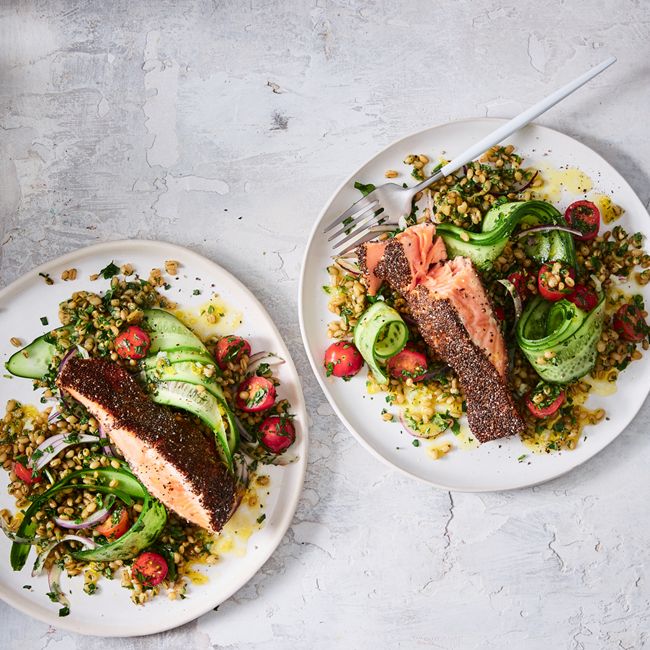 Chia-Crusted Salmon With Freekeh Tabouli