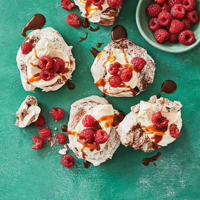 Cocoa Meringues With Caramel Sauce