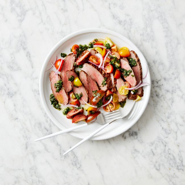 Beef Flank Steak With Chimuchurri Sauce & Tomato Salad
