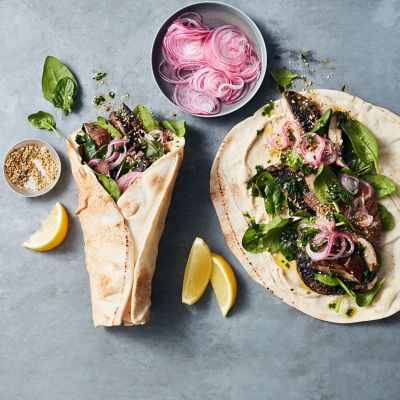 Dukkah-Crusted Mushrooms & Hummus Wraps