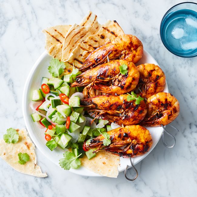 Spicy Grilled Prawns With Roti & Cucumber Salad