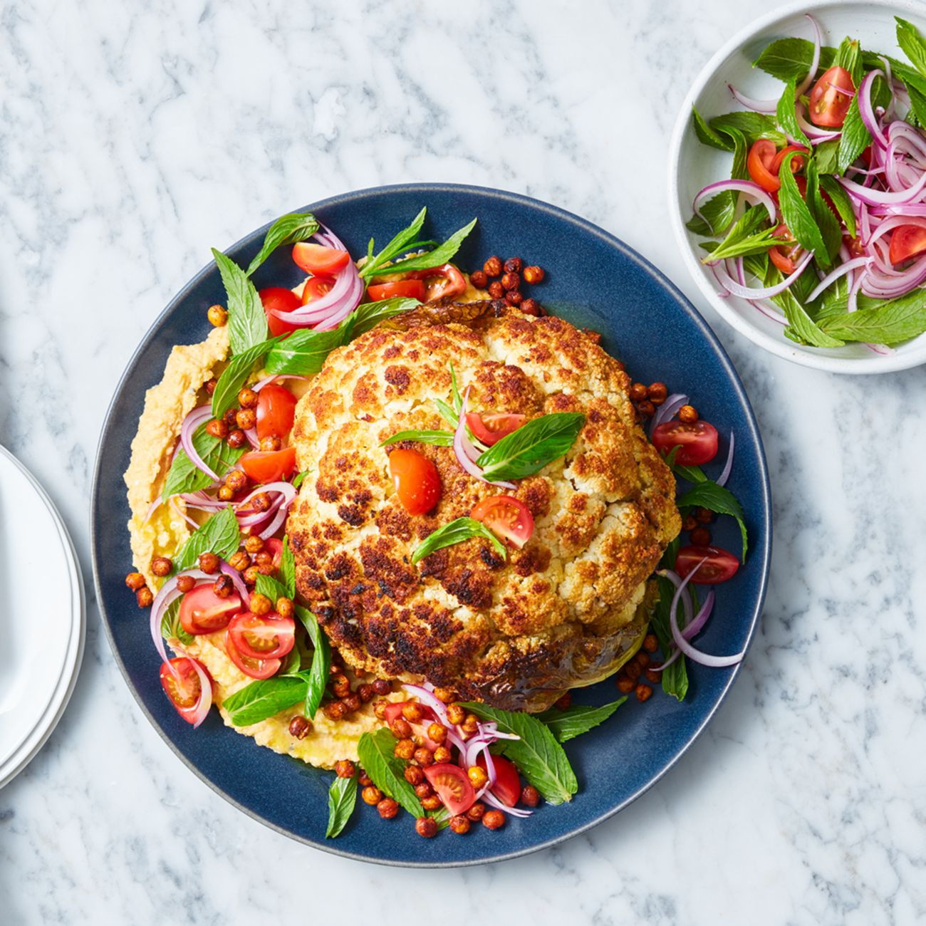 Whole Roasted Cauliflower With Hummus and Crispy Chickpeas