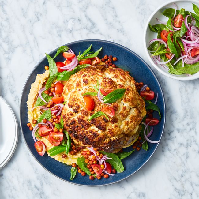 Whole Roasted Cauliflower With Hummus & Crispy Chickpeas 