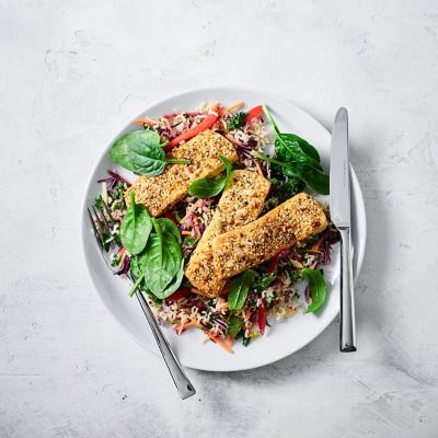 Dukkah-Crusted Tofu & Warm Brown Rice Salad