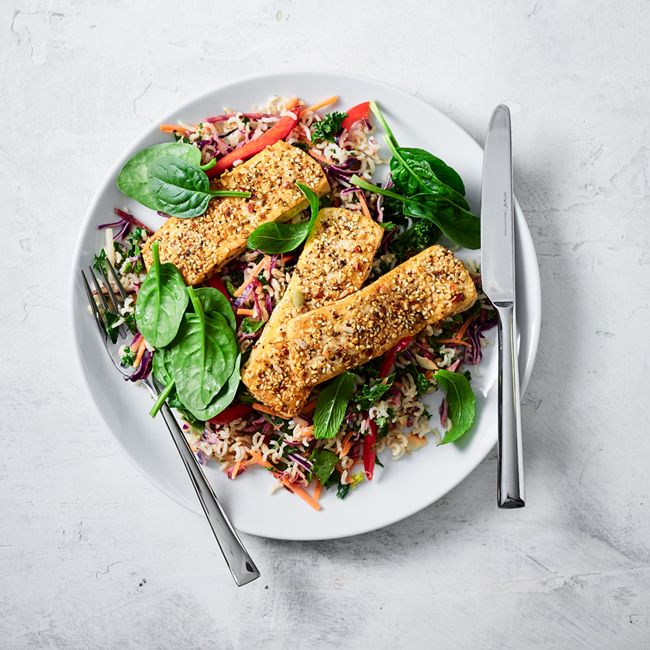 Dukkah-Crusted Tofu & Warm Brown Rice Salad