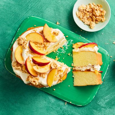 Peaches & Cream Cake With Malted Caramilk Crumble