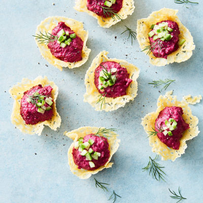 Cheddar Cups With Beetroot Hummus & Dill