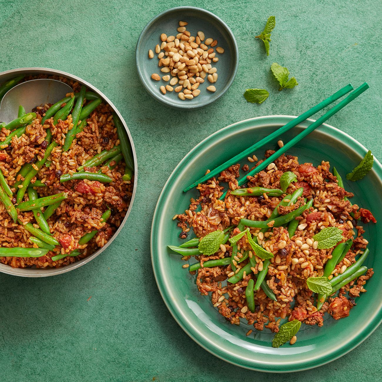 Healthier spiced beef & green bean rice