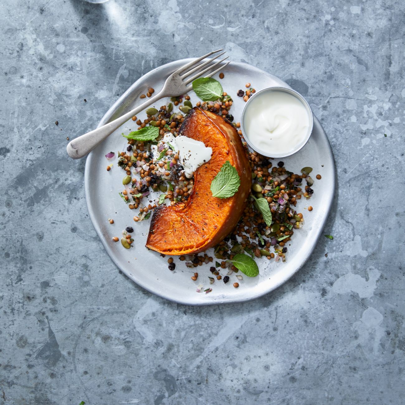 roasted pumpkin with yoghurt and lentils