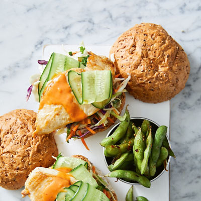 Spicy Chicken Burgers With Baked Edamame