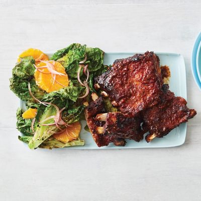Sticky Pork Ribs With Charred Lettuce & Oange Salad