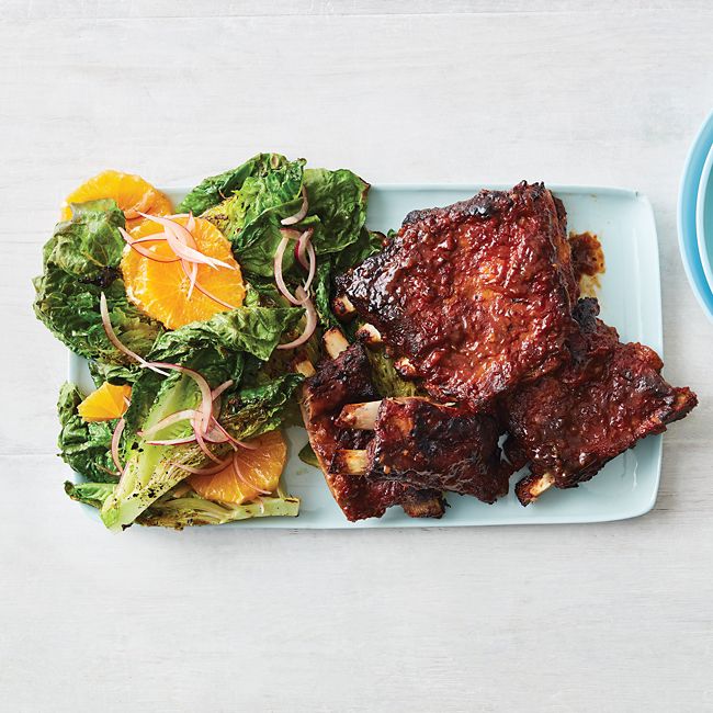 Sticky Pork Ribs With Charred Lettuce & Orange Salad