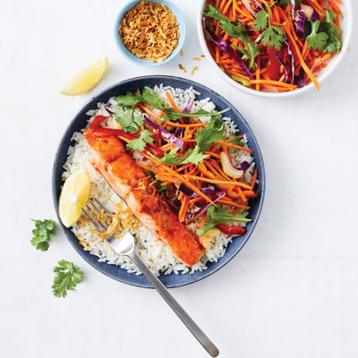 Quick Sticky Salmon With Rice & Salad 