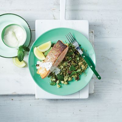 Seared Salmon With Cranberry Tabouli & Tahini Dressing