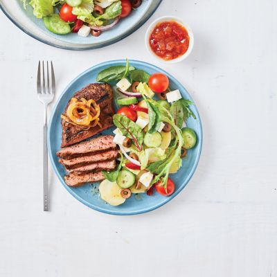 Speedy Pepper Steak With Caramelised Onion & Greek Potato Salad