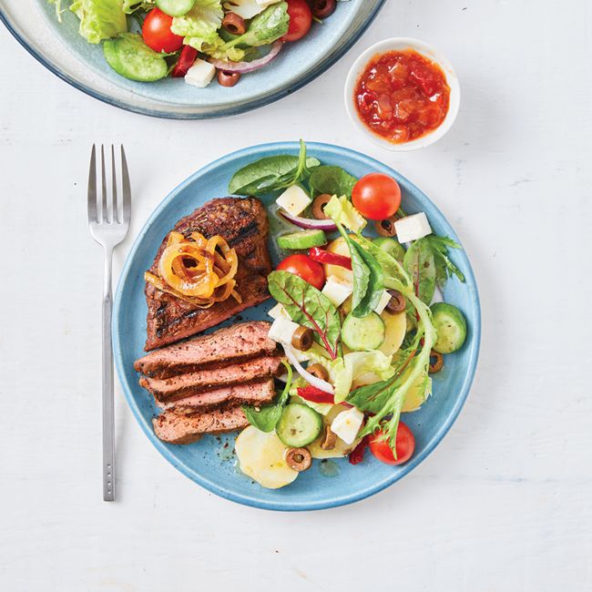 Speedy Pepper Steak With Caramelised Onion & Greek Potato Salad