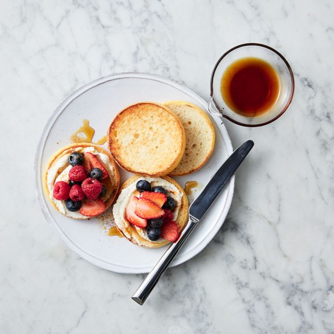 Gluten-Free English Muffins With Ricotta, Mixed Berries & Maple Syrup