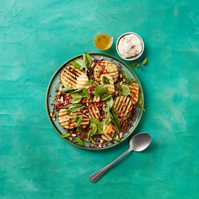 Barbecued Eggplant & Haloumi Salad With Tahini Yoghurt Dressing
