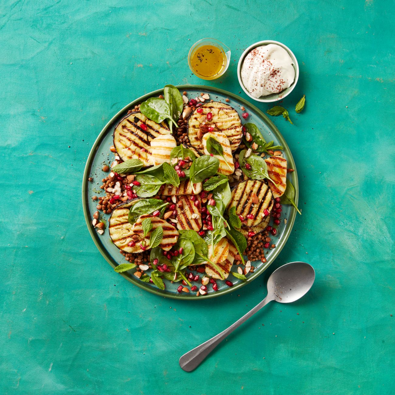 Barbecued Eggplant and Haloumi Salad With Tahini Yoghurt Dressing