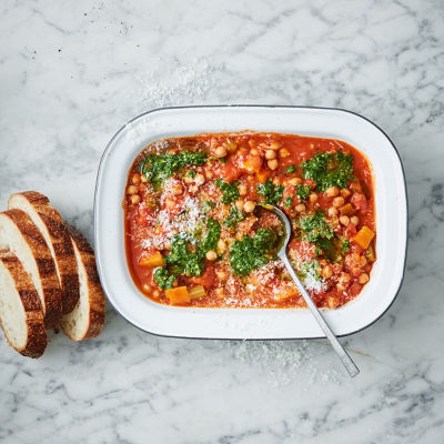 Tomato & Chickpea Stew With Basil Pesto 