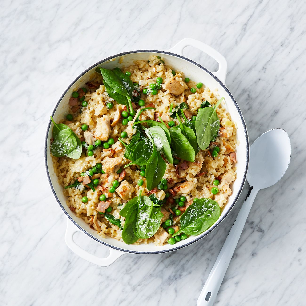 Baked Chicken, Pea and Spinach Risotto