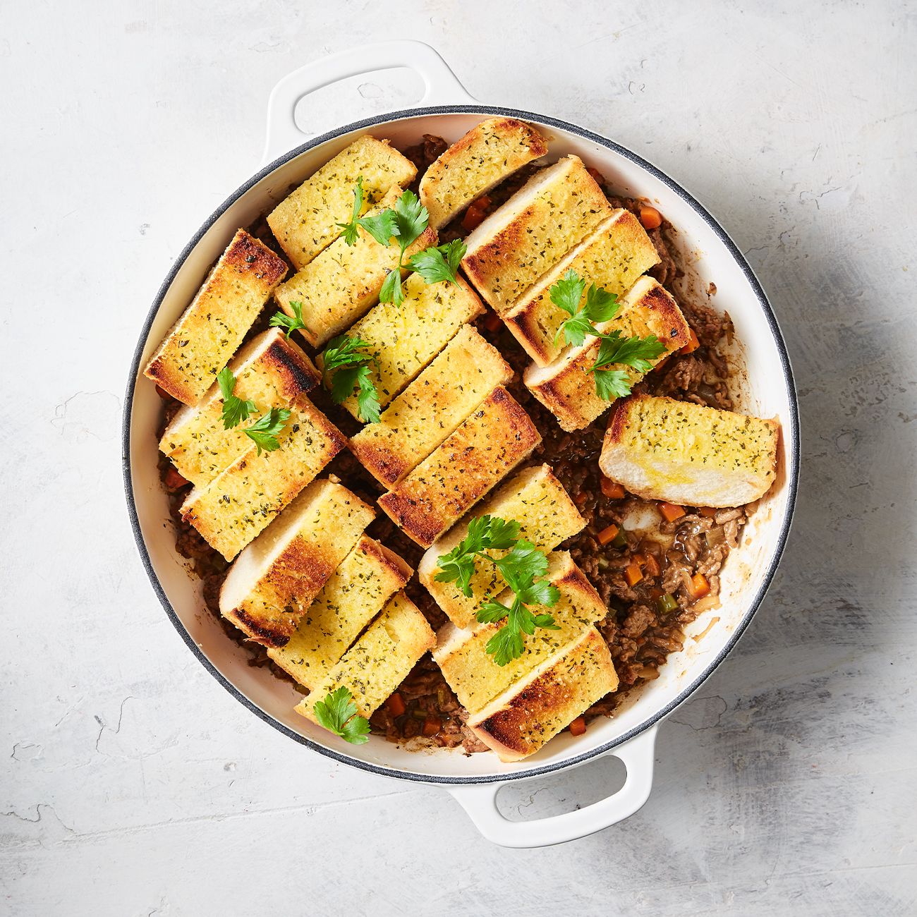 Savoury Mince Pie With Garlic Bread Topping