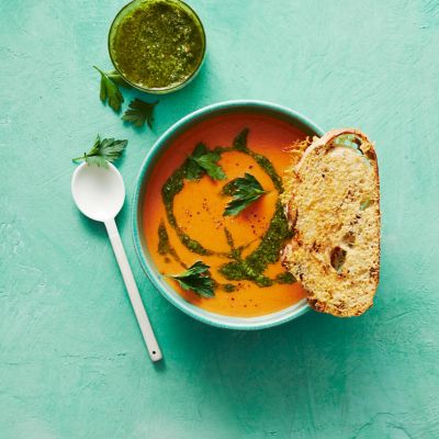 Roasted Tomato Soup With Toasted Cheesy Olive Bread
