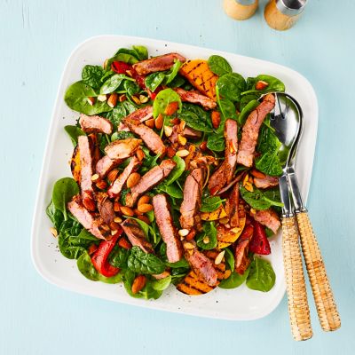 Charred lamb & pumpkin salad with maple dressing