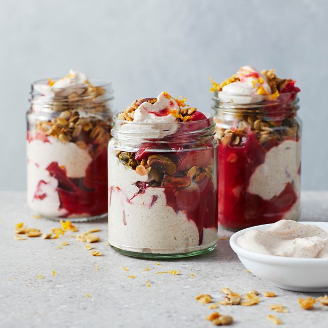 Healthier Cinnamon Labne With Poached Rhubarb & Nut Granola 