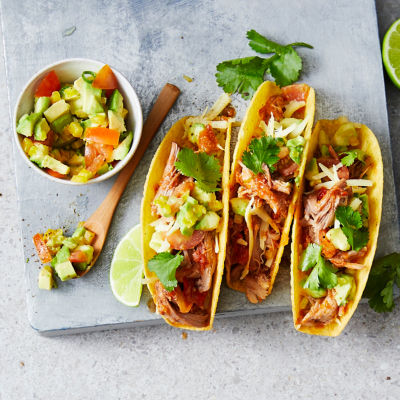 Slow-cooked pork tacos with avocado salsa 