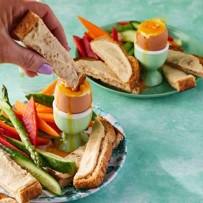 Boiled egg with rainbow soldiers
