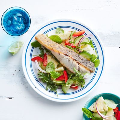 Crispy-skinned barramundi with pineapple & mint salad