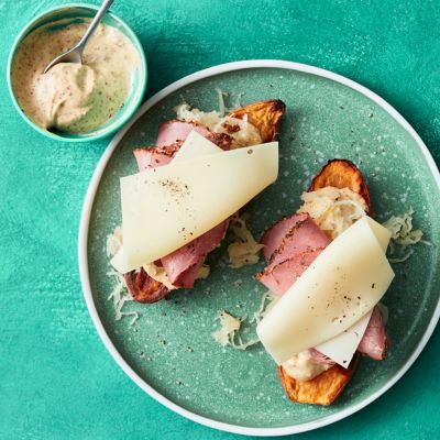 Reuben-topped sweet potato