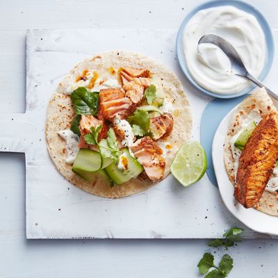 Tandoori salmon chapatti wraps with lime yoghurt