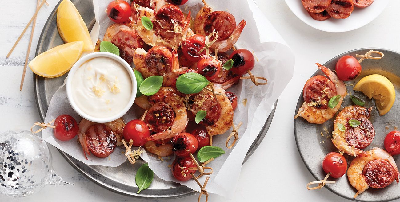 Chorizo and shop prawn skewers