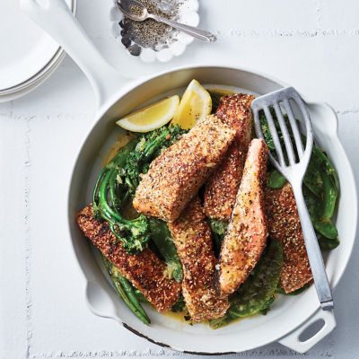 Dukkah-crusted Salmon with Greens and Lemon Butter