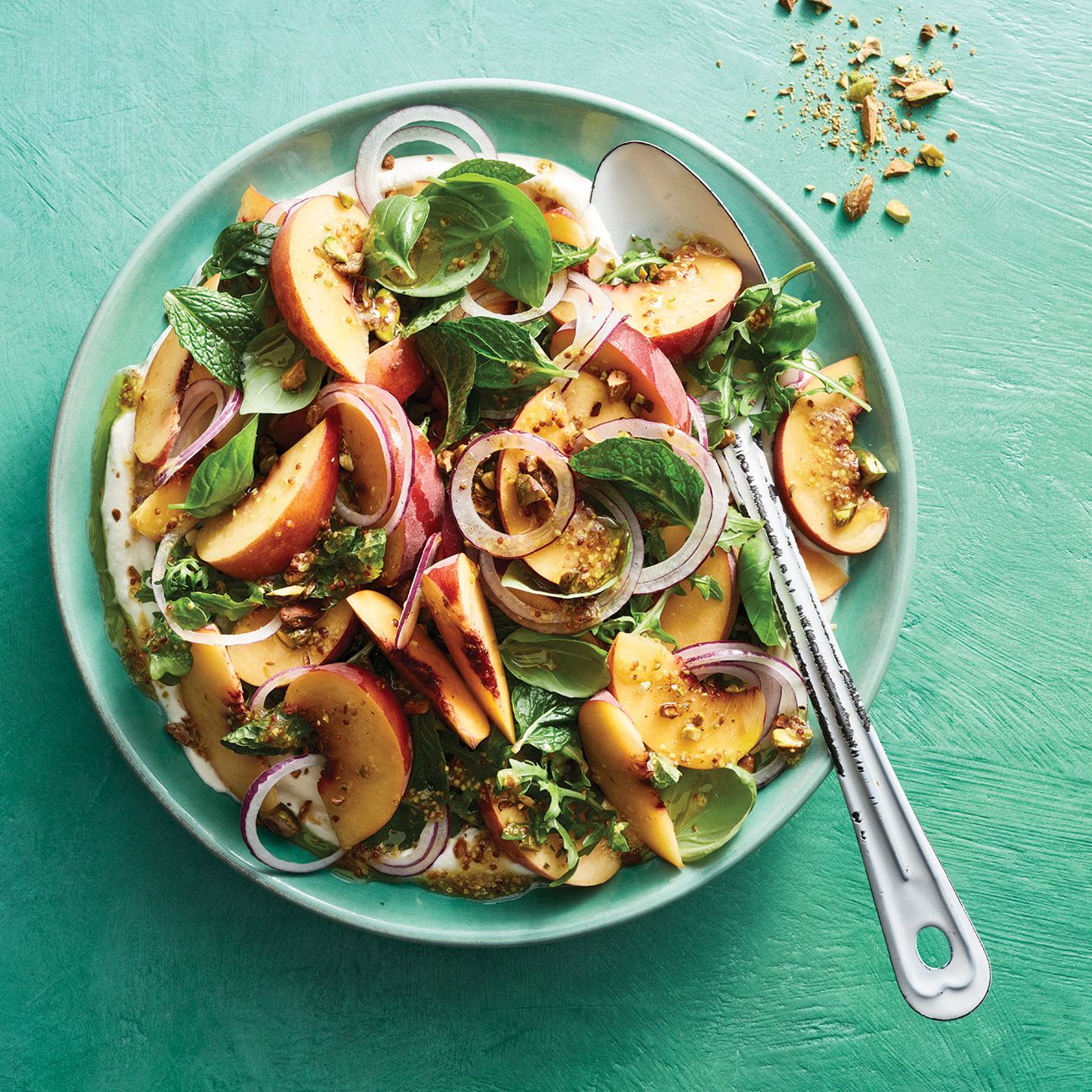 Peach salad with whipped ricotta mustard dressing
